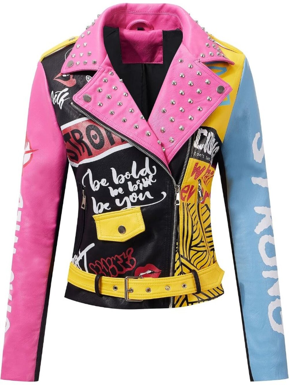 Women’s  Faux Leather Bomber Lightweight Jacket, Moto Biker Coat-Pink blue